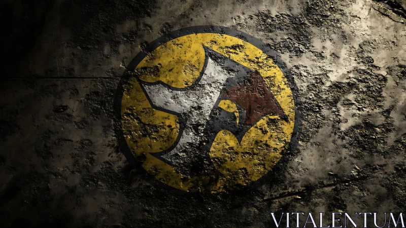 Weathered eagle crest emblem on corroded metal surface.