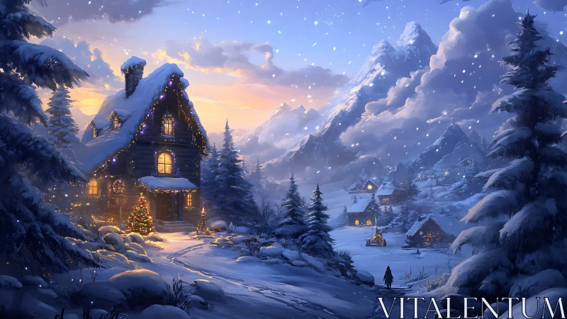 Snowy mountain village with warm lit cabin and night sky.