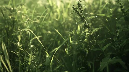 Close-up view of dense green grass and wild foliage.