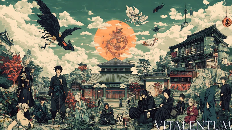 Group of robed figures in detailed fantasy temple courtyard scene