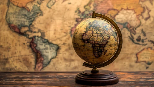 Illuminated vintage terrestrial globe on wooden desktop stand