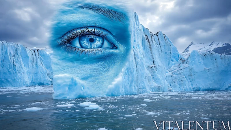 Glacial landscape integrates a hyper-detailed blue human eye seamlessly