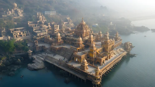 Morning mist over riverside temple city complex at sunrise.