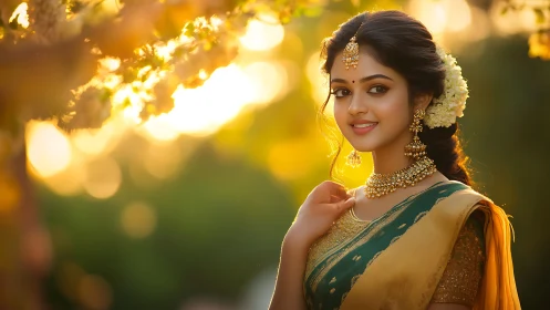 Elegant woman in traditional saree glows in golden sunlight