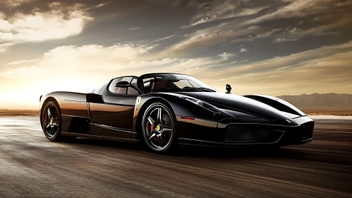 Low-angle black hypercar on desert highway at golden hour