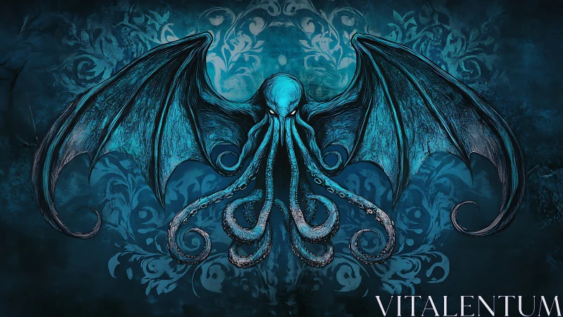 Eldritch winged cephalopod entity spreads tentacles wide