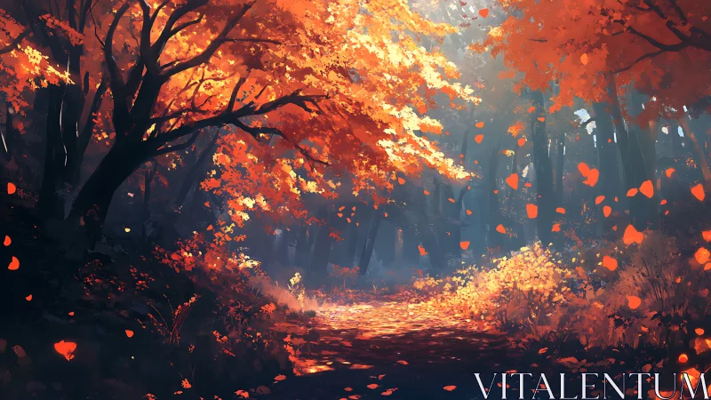 Digital forest scene with autumn foliage and glowing red light.