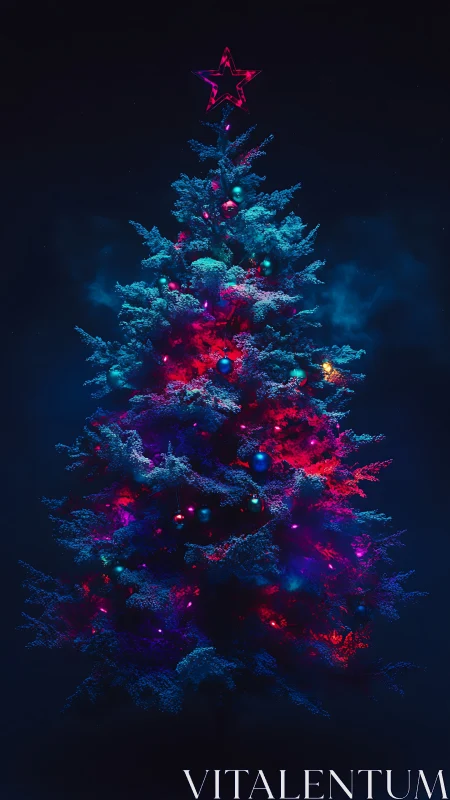 Neon lit Christmas tree with star topper on dark background.