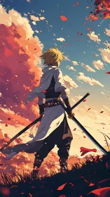 Sword-wielding anime warrior observes sunset sky and falling leaves