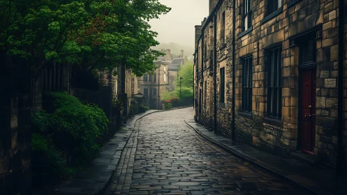 Misty cobblestone lane with wet stone facades and foliage.