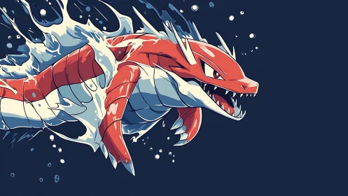 Fierce red sea dragon bursts from swirling dark waters