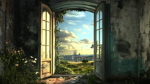 Open doorway in aged room framing distant urban skyline.