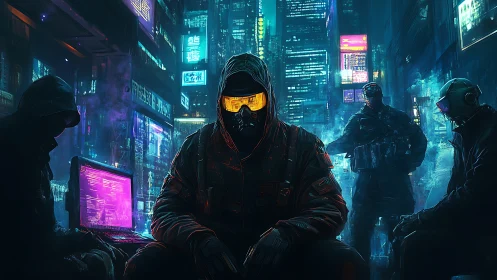 Cyberpunk hacker squad dominates neon drenched megacity alley