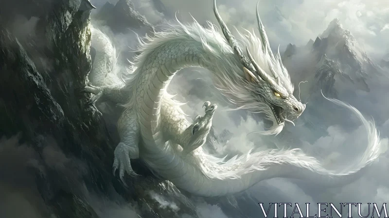 White serpentine dragon winding through misty peaks.