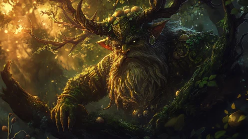 Moss antler sage guarding a sunlit forest threshold.