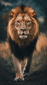 Majestic lion strides forward through dusky savannah grass
