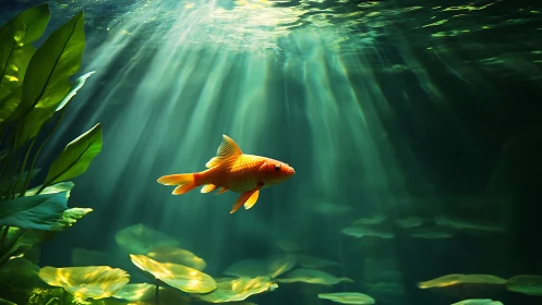 Golden fish glides through sunlit underwater pond scene.
