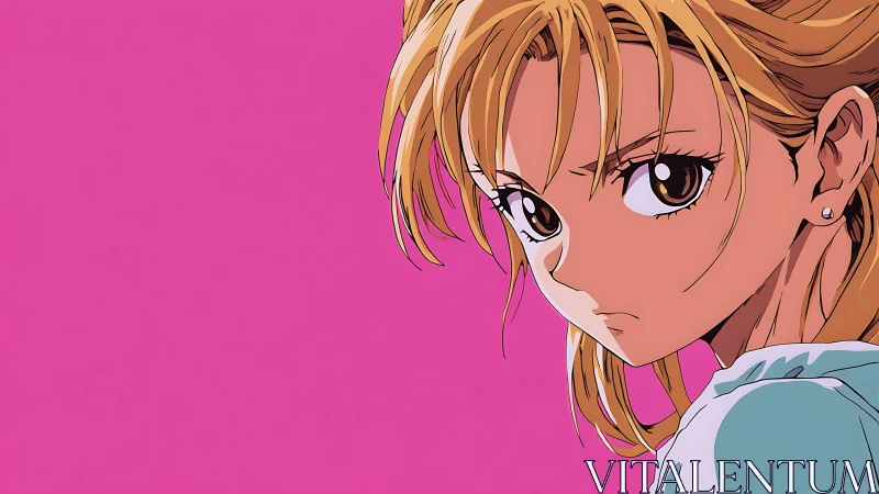 Intense anime portrait against bold magenta negative space.