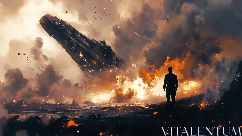 Silhouetted observer studies burning starship in apocalyptic sky