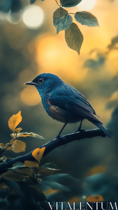 Blue songbird on branch against blurred warm background.