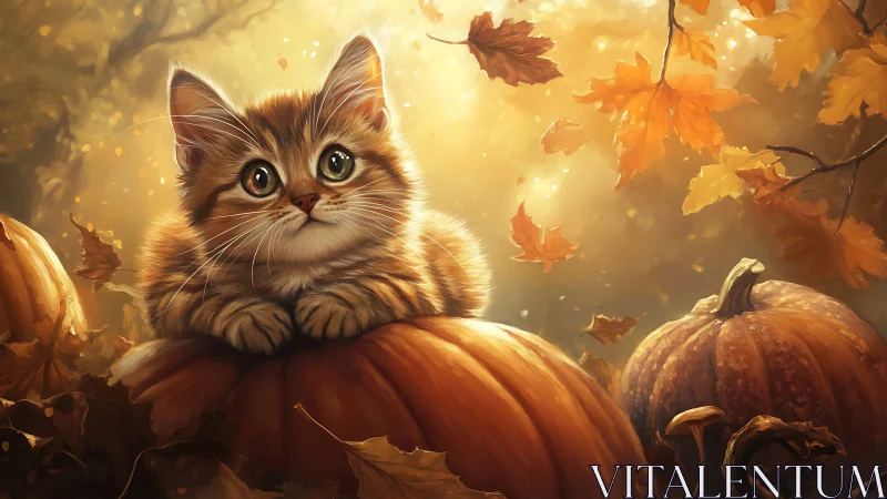 Autumn Feline Perched on Pumpkin: Digital Illustration.