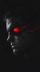 Cybernetic warrior profile glows with searing red eye