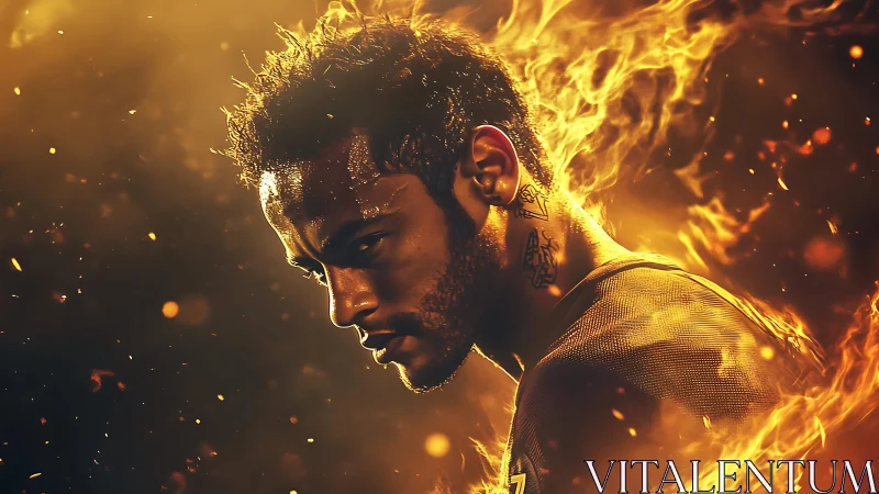 Brooding flame-crowned athlete forged in molten light.