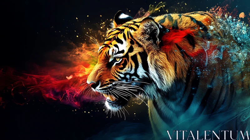 Digital tiger portrait with abstract color bursts.