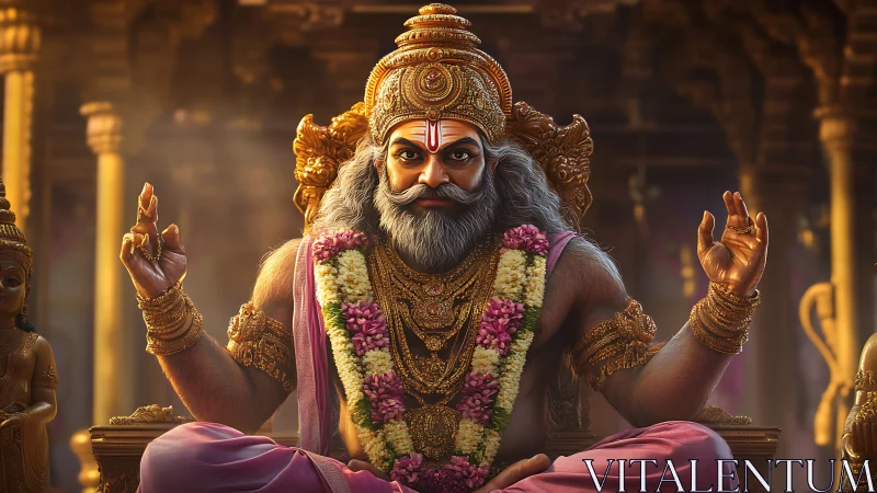 Divine guru on golden throne in ornate temple interior.