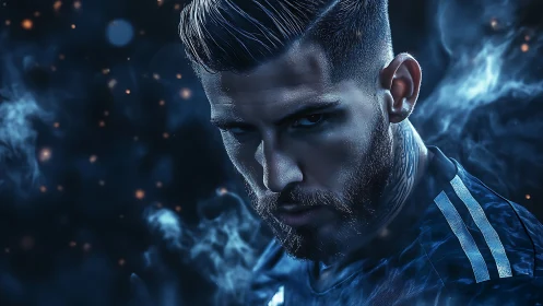 Close male portrait with blue lighting and smoky effects.
