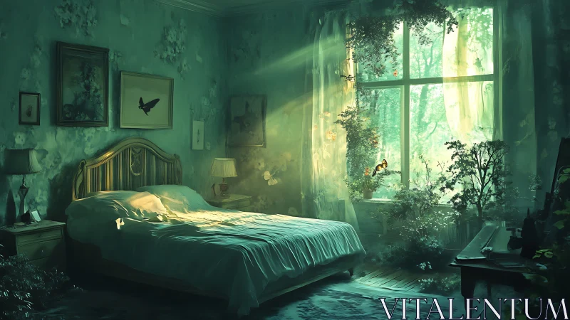 Sunlit overgrown bedroom merges interior calm with nature