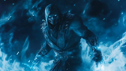 Hooded armored figure in blue energy smoke environment.