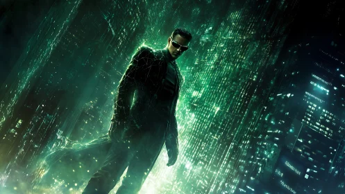 Cybernetic trench figure amid cascading matrix code field.