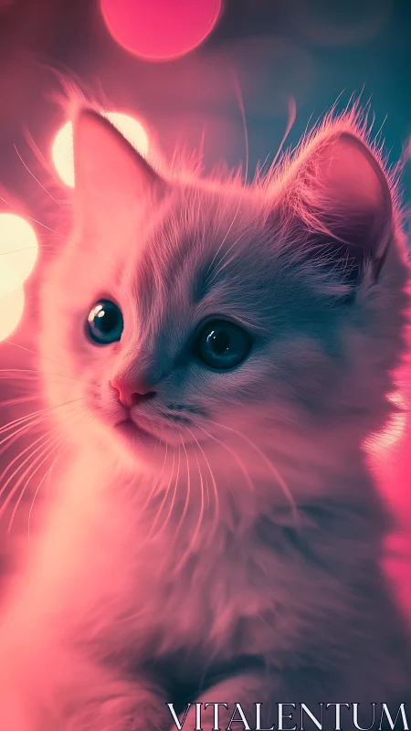 Neon Cat with Glowing Eyes and Pink Lunar Sky.