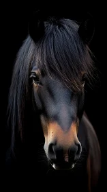 Black horse portrait with dramatic low key studio lighting.