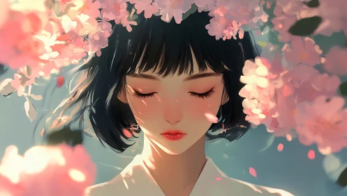 Soft spring portrait shows serene girl among cherry blooms