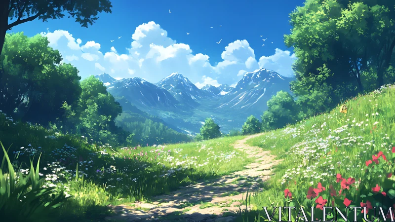 Sunlit alpine meadow path recedes toward distant snow peaks