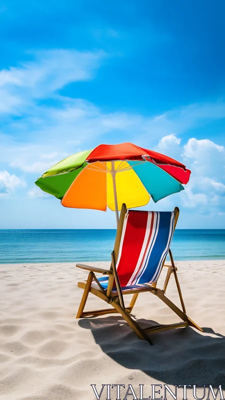 Colorful beach umbrella and chair on empty sandy shore.