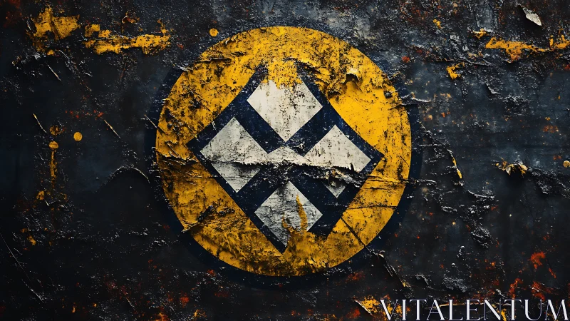 Weathered geometric emblem on rusted industrial wall.