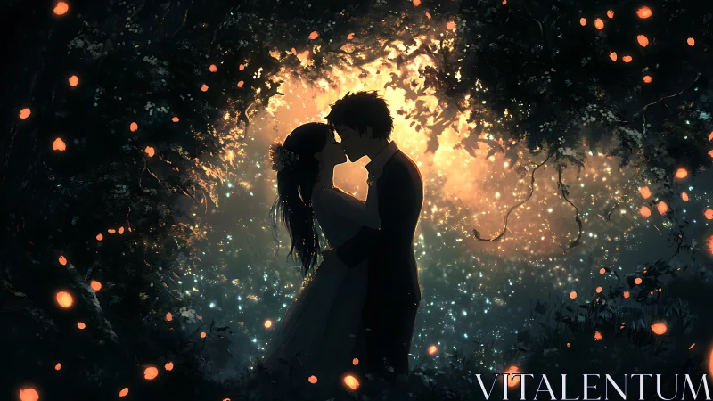 Two souls ignite beneath dancing sparks and ancient trees.