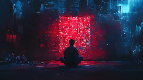 Solitary hacker gazes into a neon red digital doorway.