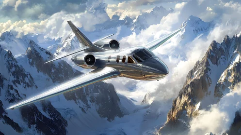 Digital painting of chrome jet slicing through alpine cloudscape.