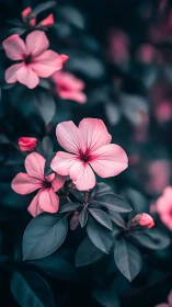 Pink flowers with dark foliage in selective focus photographic composition.