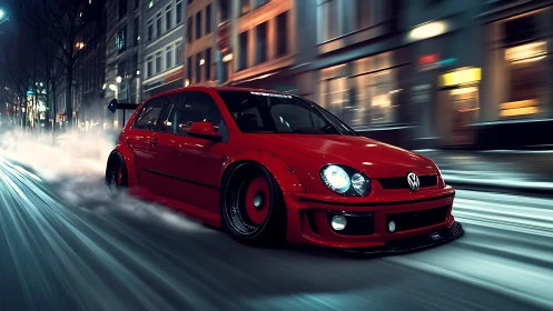 Photorealistic red tuner hatchback in dynamic night drift scene.