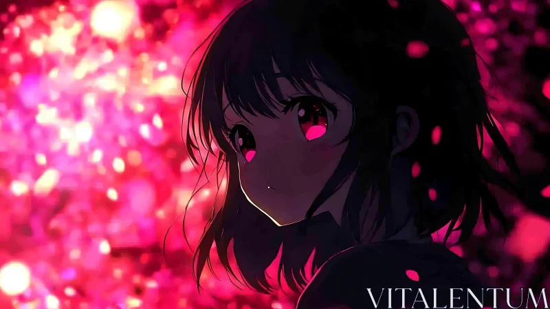 Softly glowing anime girl gazes through drifting pink lights
