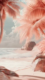 Coral-Toned Tropical Shoreline: Infrared Aesthetic Paradise Beach Scene