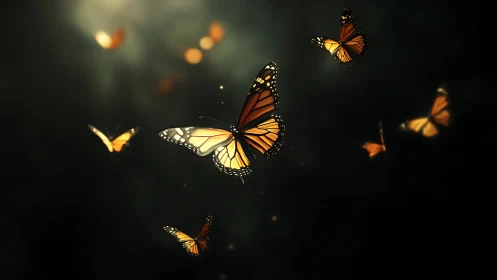Monarch butterflies drift through dark glowing bokeh haze