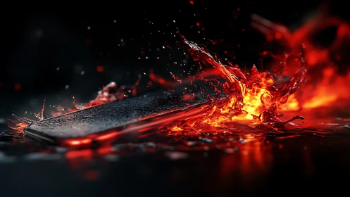Smartphone with dynamic fiery particle effects on dark surface