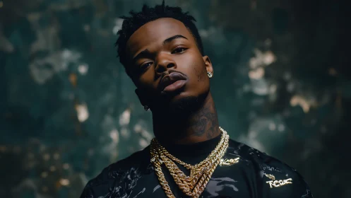 Confident portrait of stylish man in gold chains and black tee.