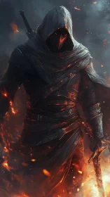Hooded warrior in scorched armor strides through dynamic ember field
